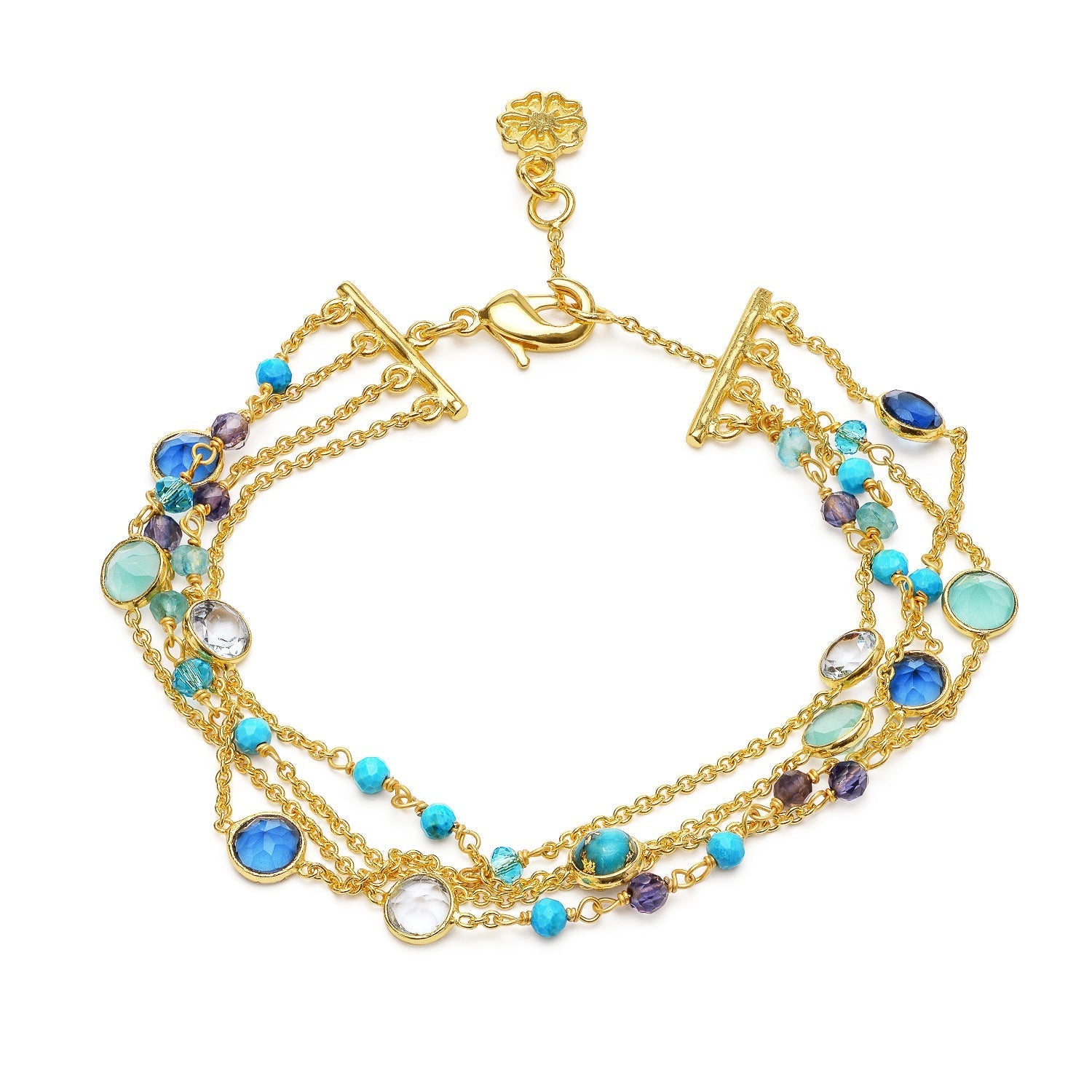 Hydra Multi-Strand Gold Chain and Gemstone Bracelet Iolite, Blue Topaz & Apatite Azuni London
