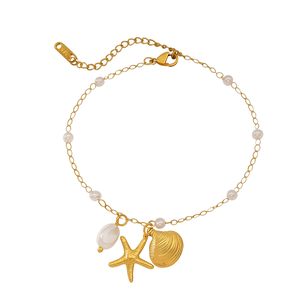 Ocean Luxe 18k Gold Plated Pearl Anklet with Starfish And Shell Charms LUXE TONES