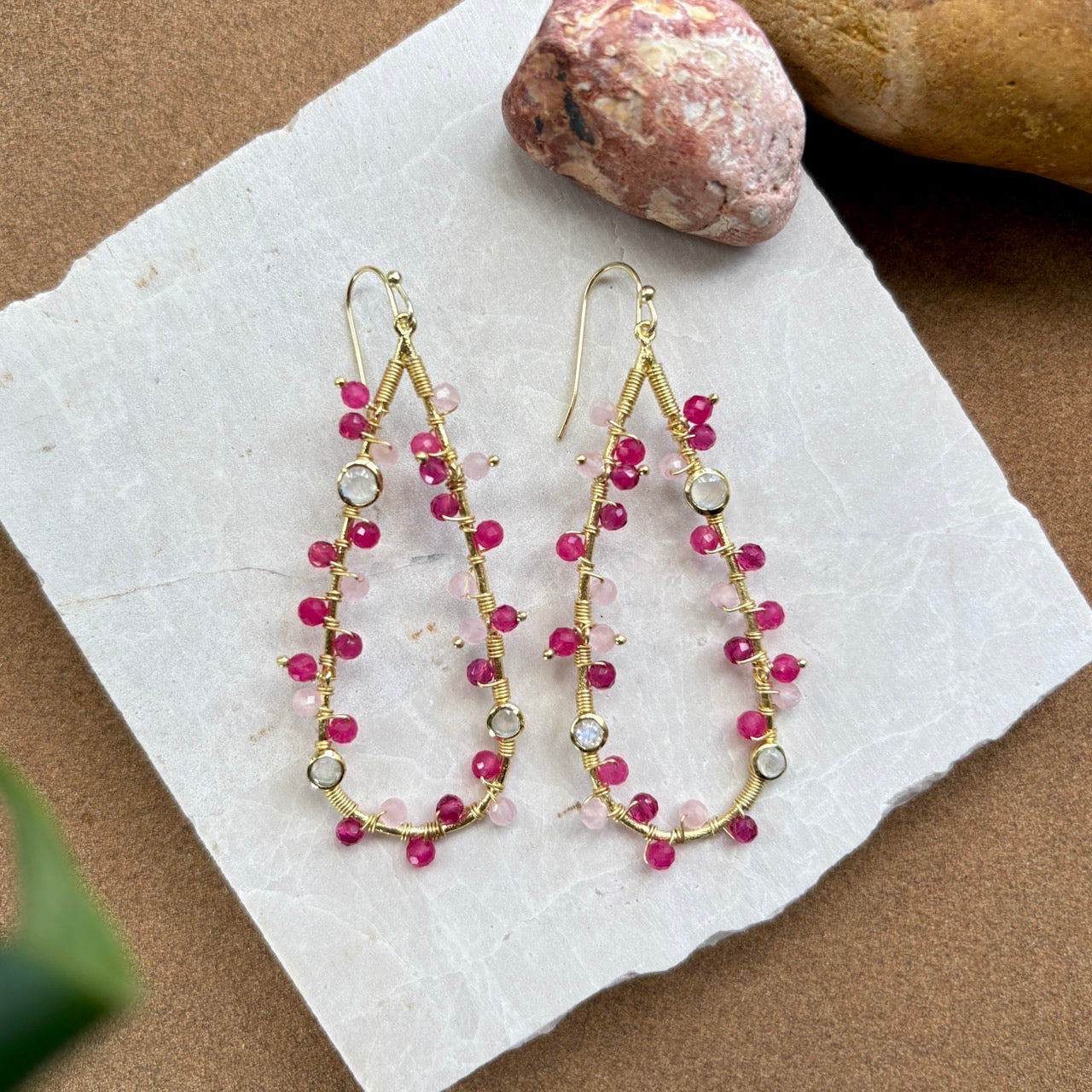 Hydra Large Teardrop Wire-Wrapped Gemstone Earrings Moonstone, Rose Quartz, Pink Jade and Pink Tourmaline Azuni London