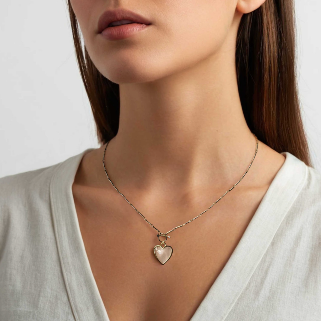 Sanora Luxe 18k Gold Plated Rose Quartz T Bar Heart Necklace LUXE TONES