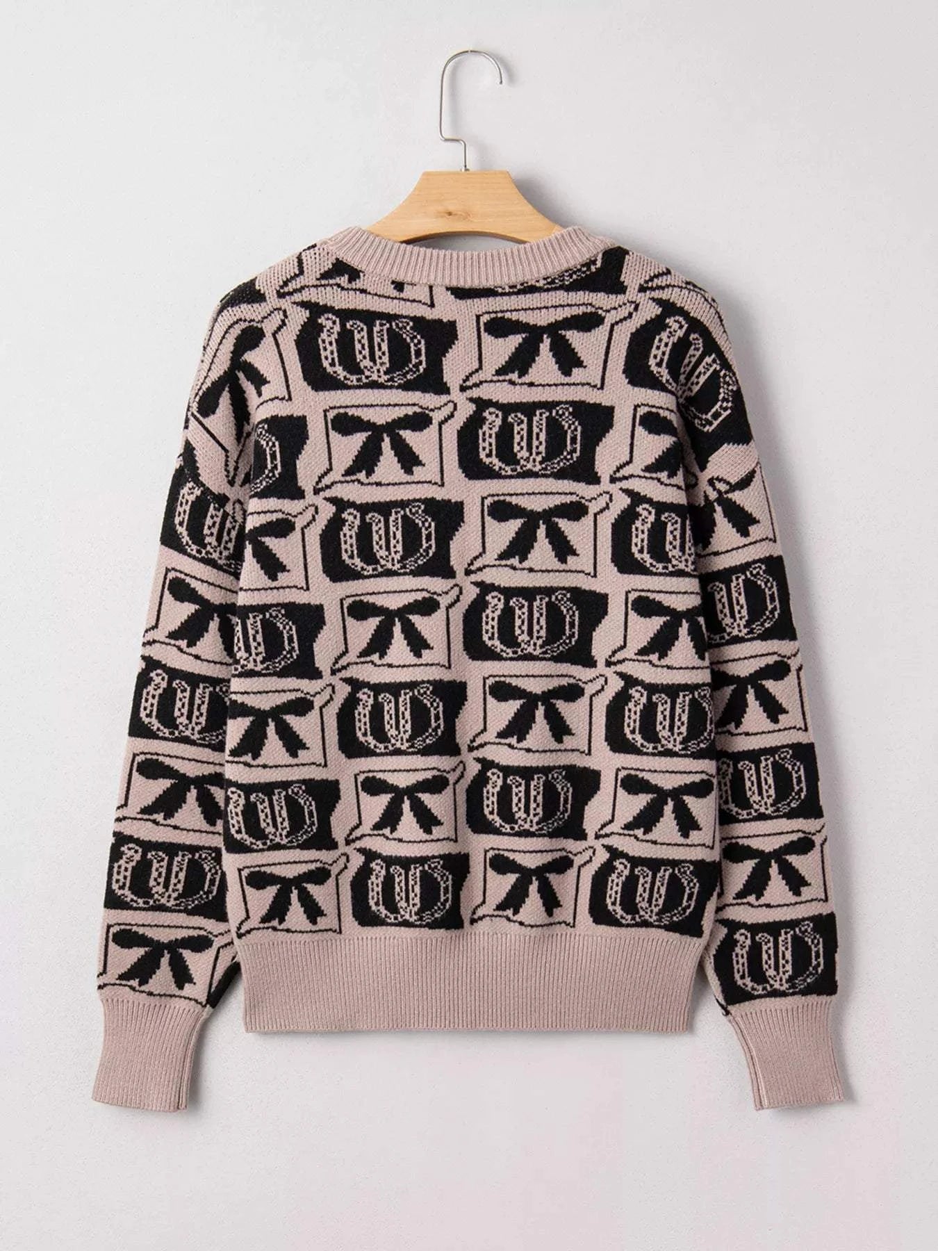 Bows & Horseshoes Pattern Round Neck Sweater - Rosey's Creations