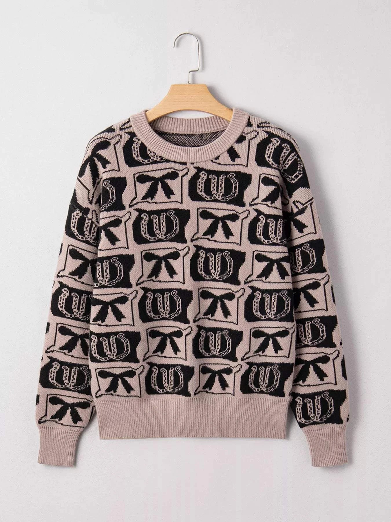 Bows & Horseshoes Pattern Round Neck Sweater - Rosey's Creations