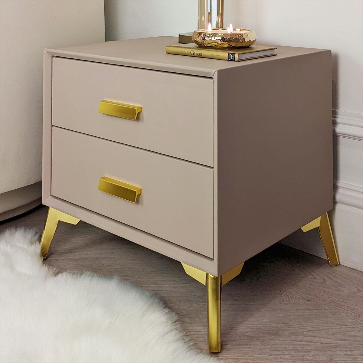 Cara Mink & Gold 2 Drawer Bedside Table.