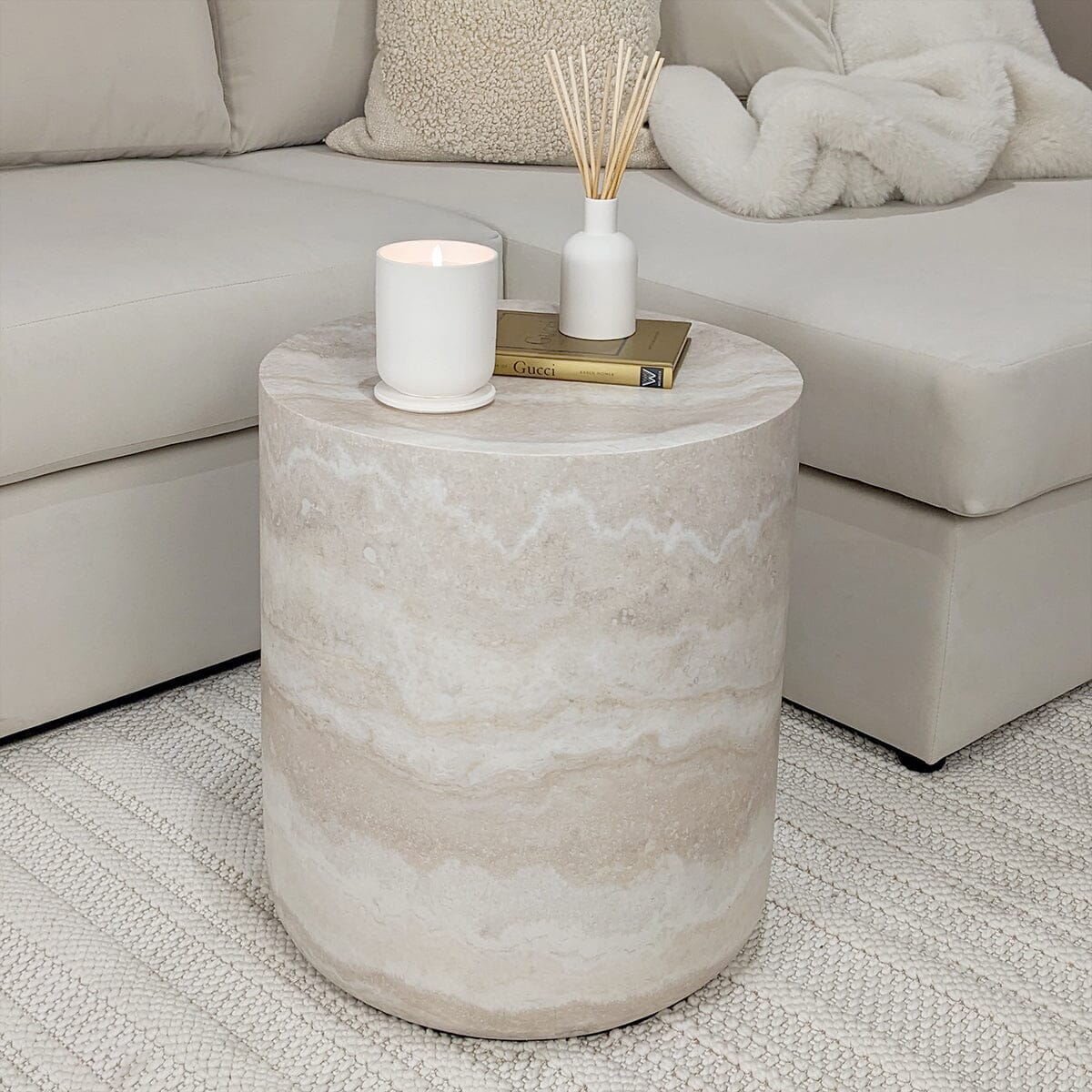 Celeste Round Neutral Marble Effect Side Table.