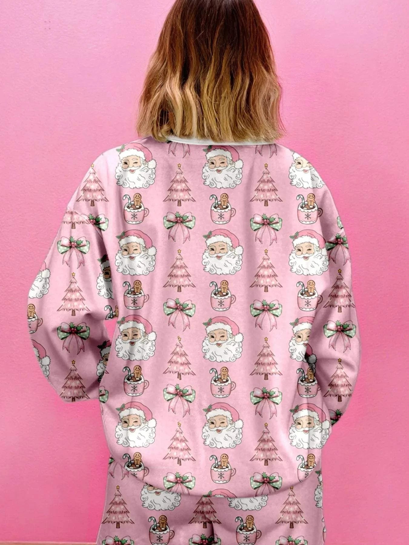 Christmas Santa Print Round Neck Top and Shorts Lounge Set.