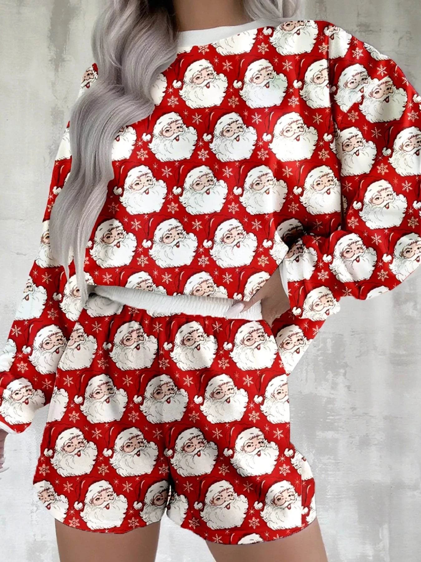 Christmas Santa Print Round Neck Top and Shorts Lounge Set.