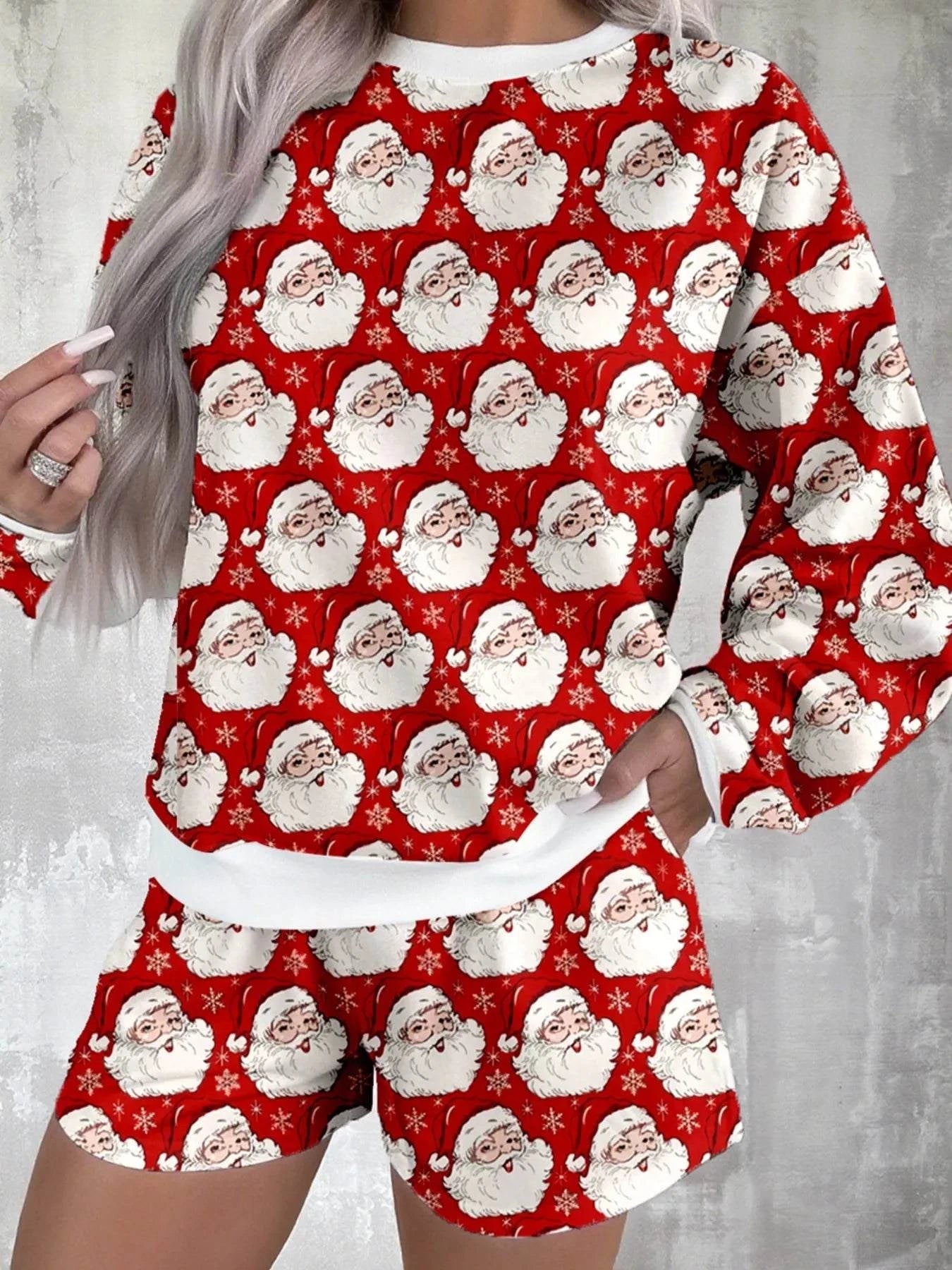 Christmas Santa Print Round Neck Top and Shorts Lounge Set.