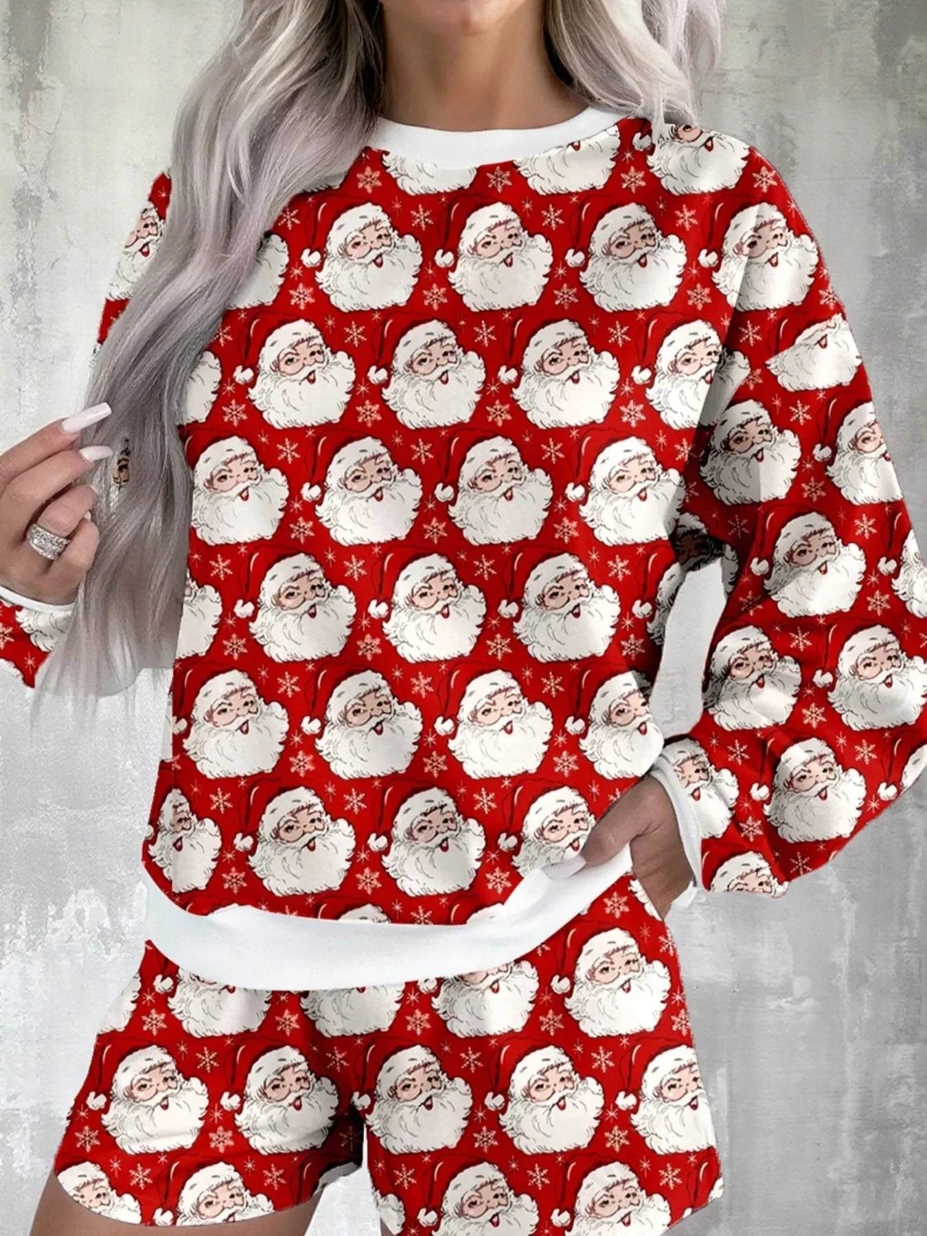 Christmas Santa Print Round Neck Top and Shorts Lounge Set.