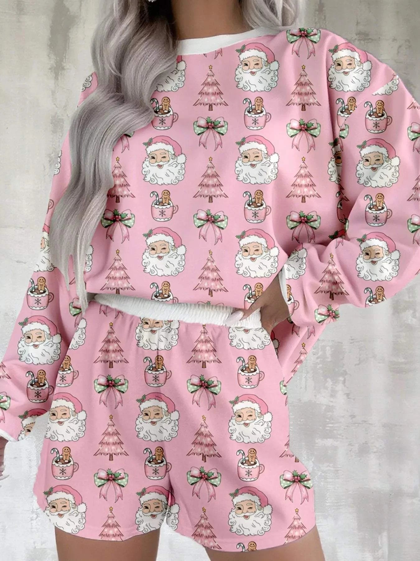 Christmas Santa Print Round Neck Top and Shorts Lounge Set.