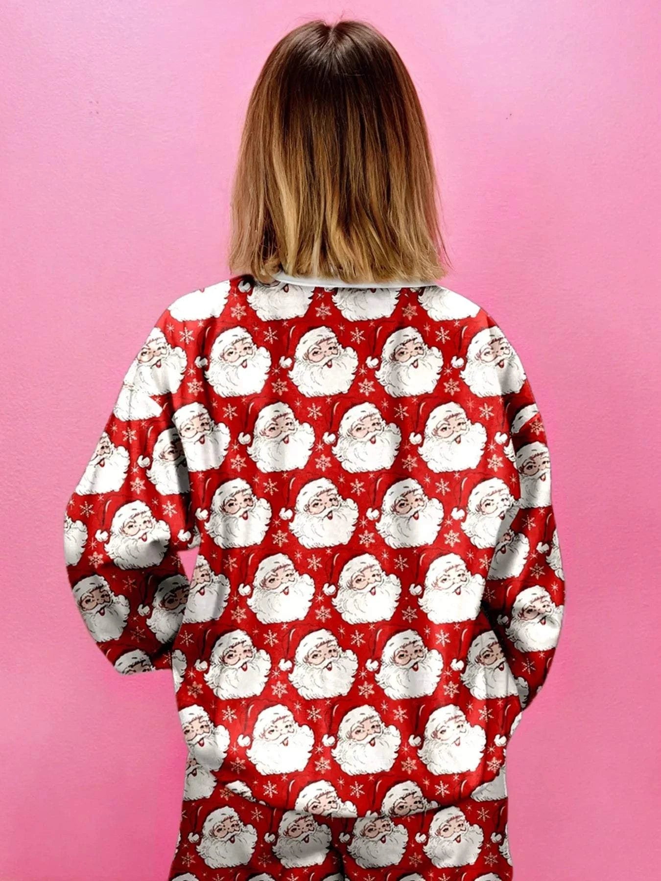 Christmas Santa Print Round Neck Top and Shorts Lounge Set.