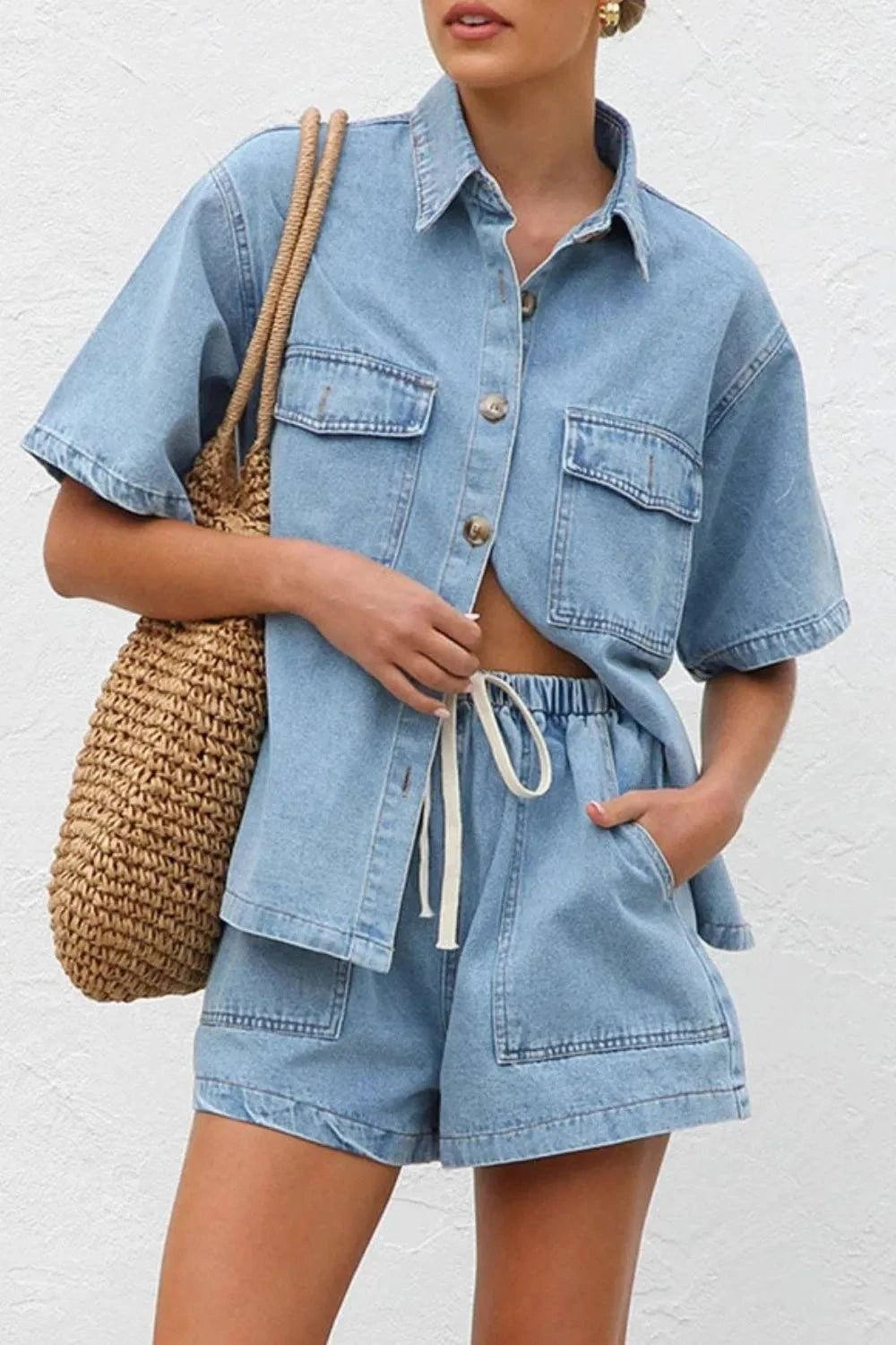 Collared Neck Button Up Top and Shorts Denim Set - Rosey's Creations