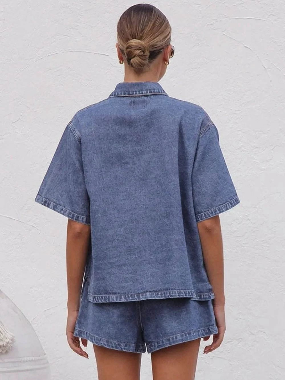 Collared Neck Button Up Top and Shorts Denim Set - Rosey's Creations