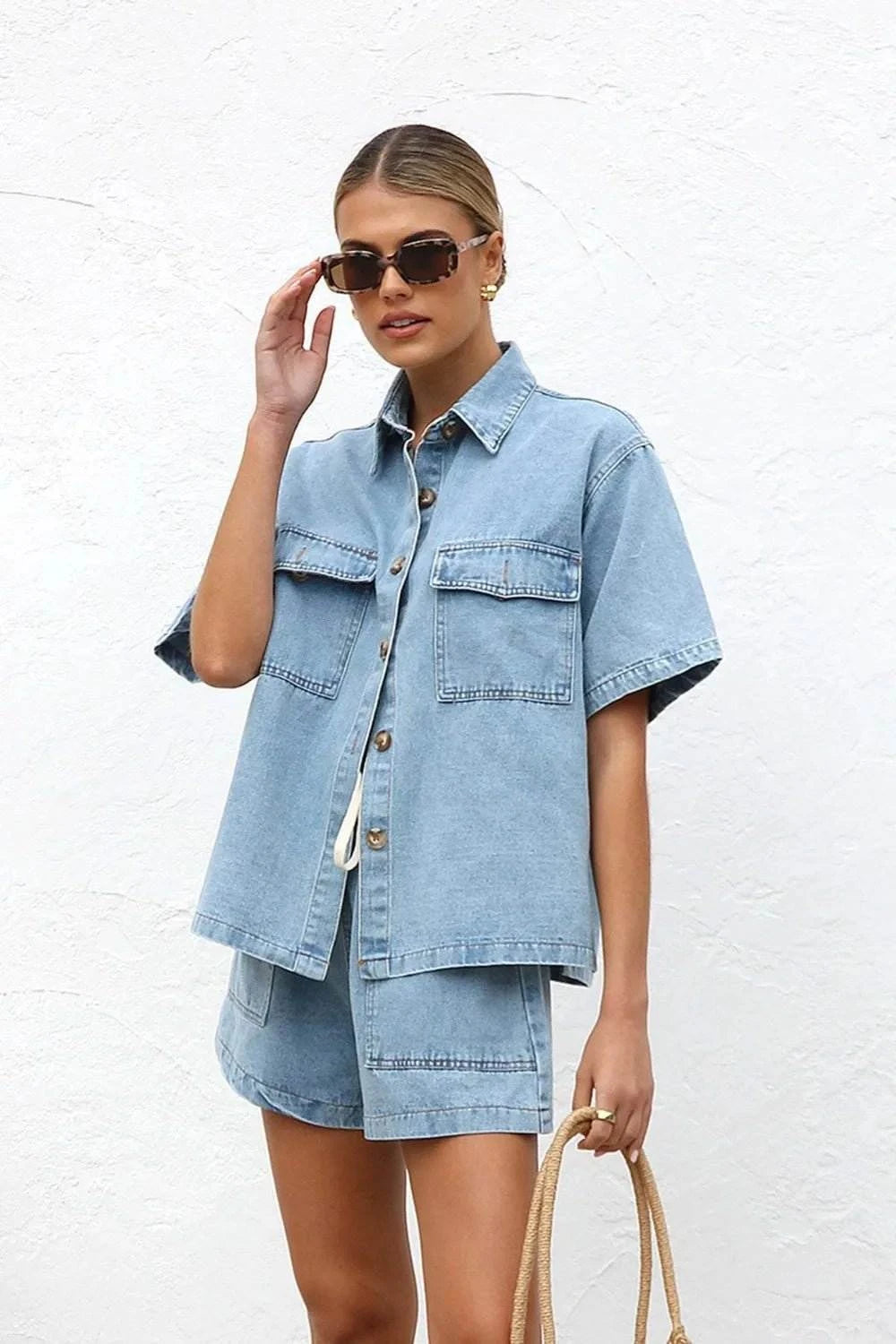 Collared Neck Button Up Top and Shorts Denim Set - Rosey's Creations