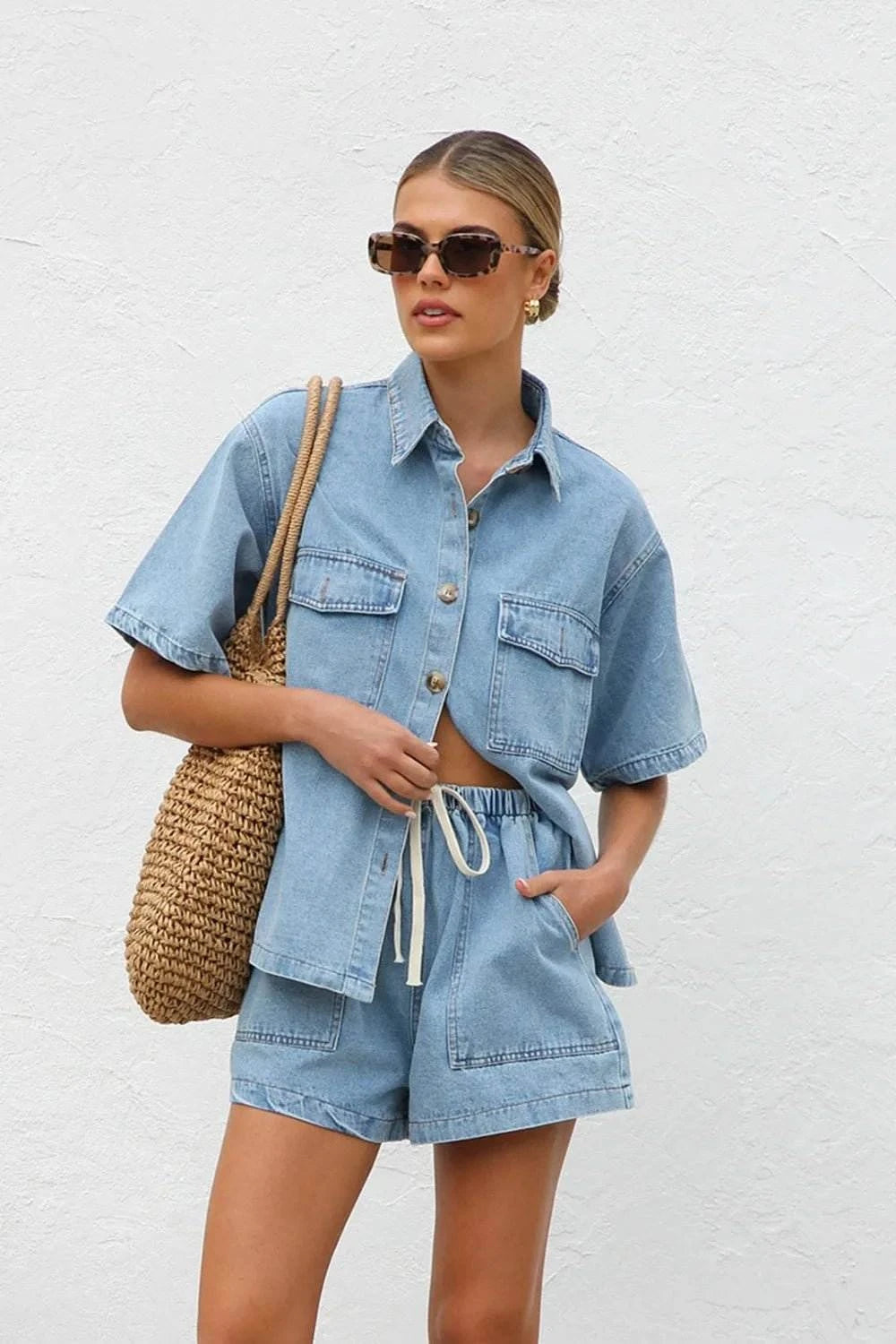 Collared Neck Button Up Top and Shorts Denim Set - Rosey's Creations