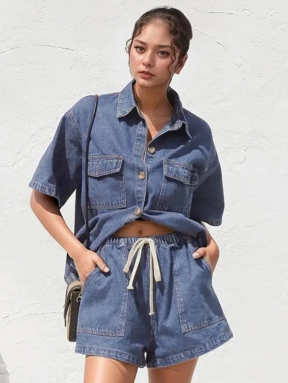 Collared Neck Button Up Top and Shorts Denim Set - Rosey's Creations