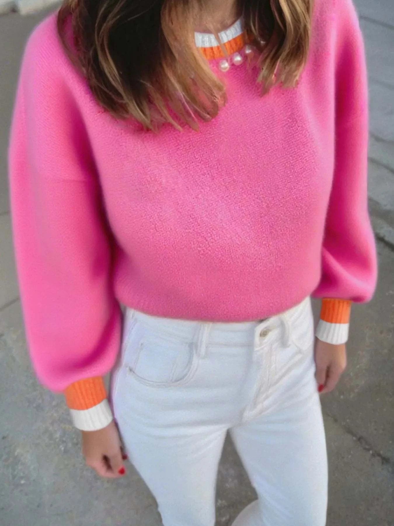 Contrast Crew Neck Pearled Decor Drop Shoulder Knit Sweater.
