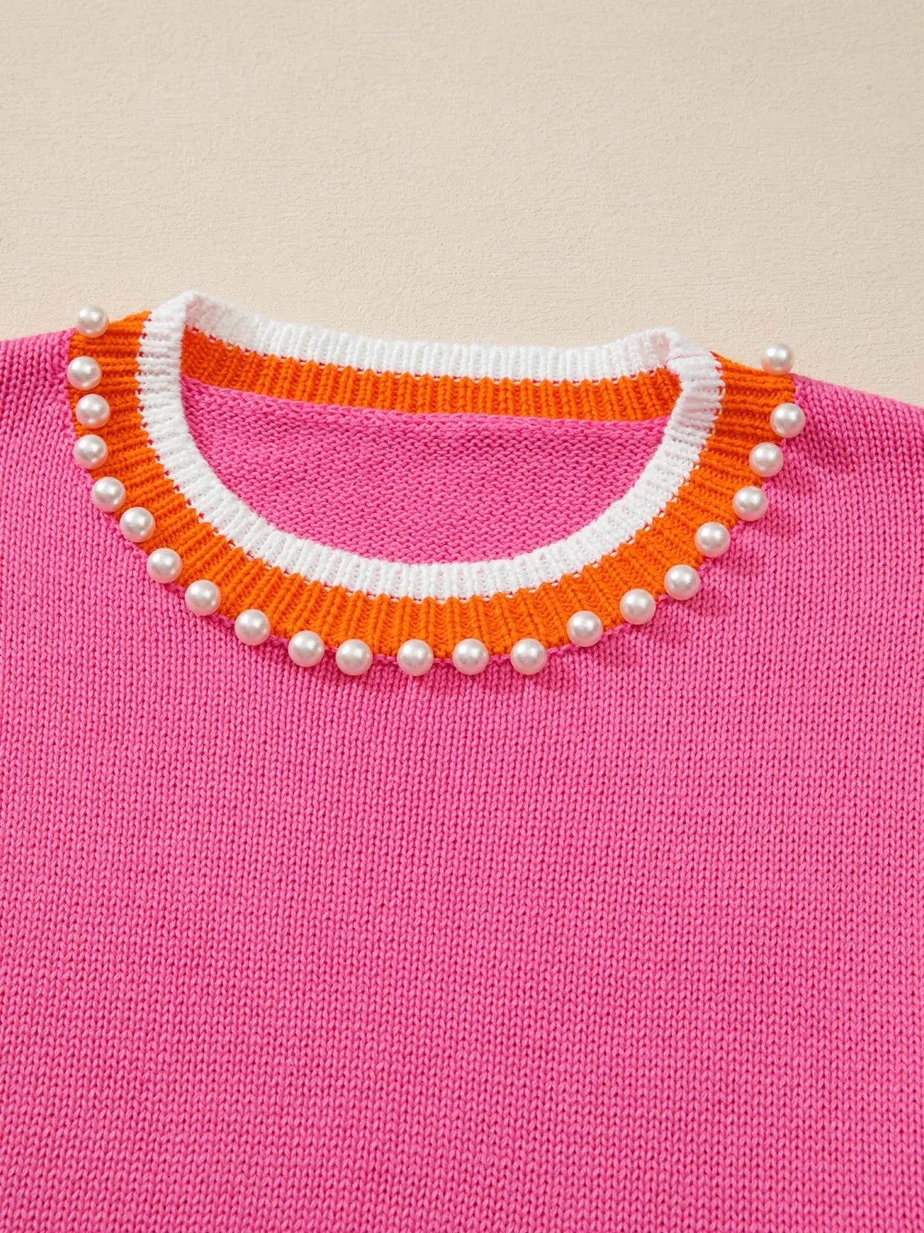 Contrast Crew Neck Pearled Decor Drop Shoulder Knit Sweater.