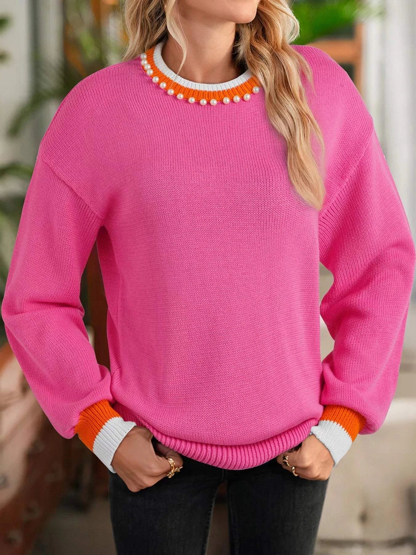 Contrast Crew Neck Pearled Decor Drop Shoulder Knit Sweater.
