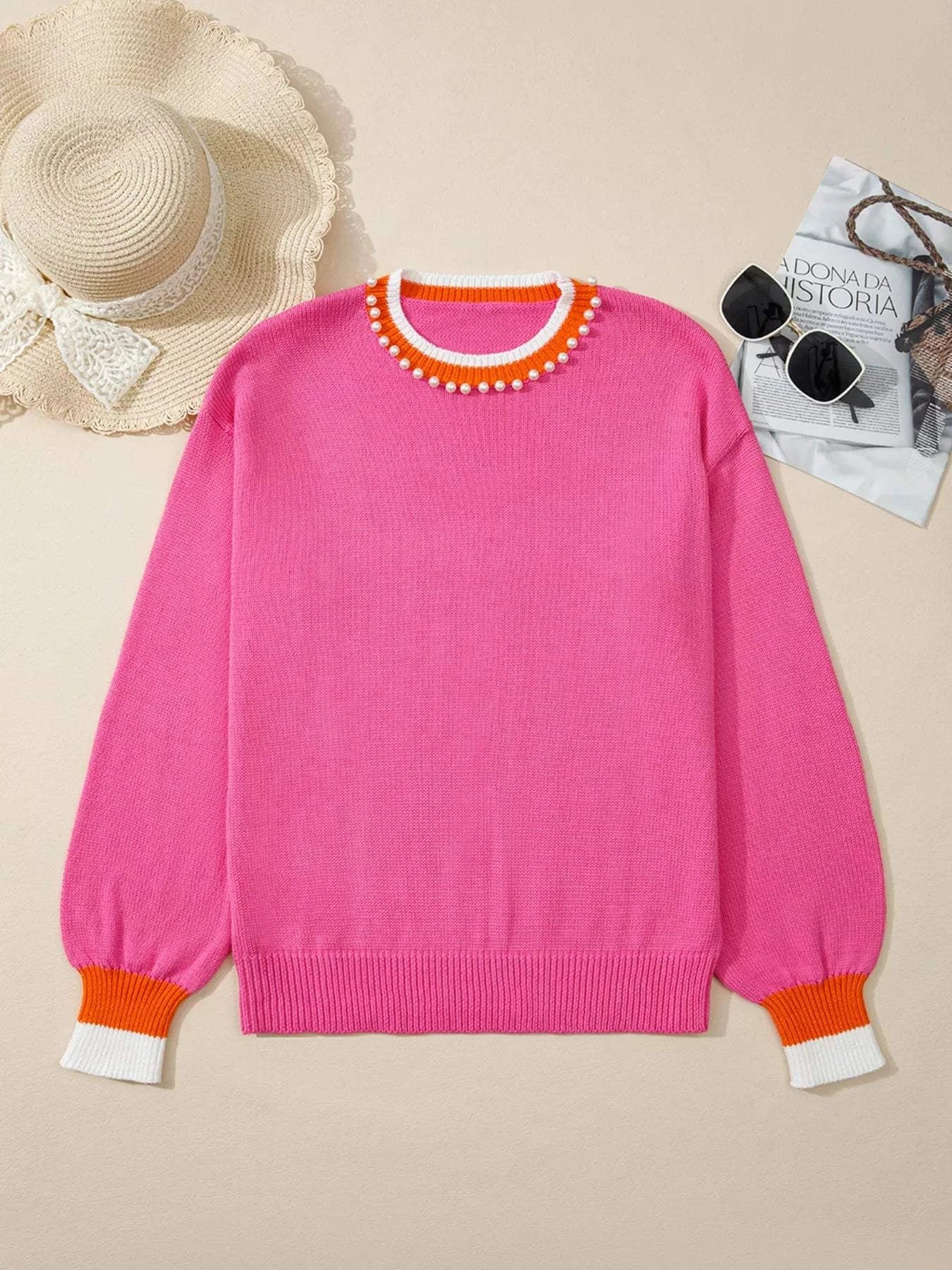 Contrast Crew Neck Pearled Decor Drop Shoulder Knit Sweater.