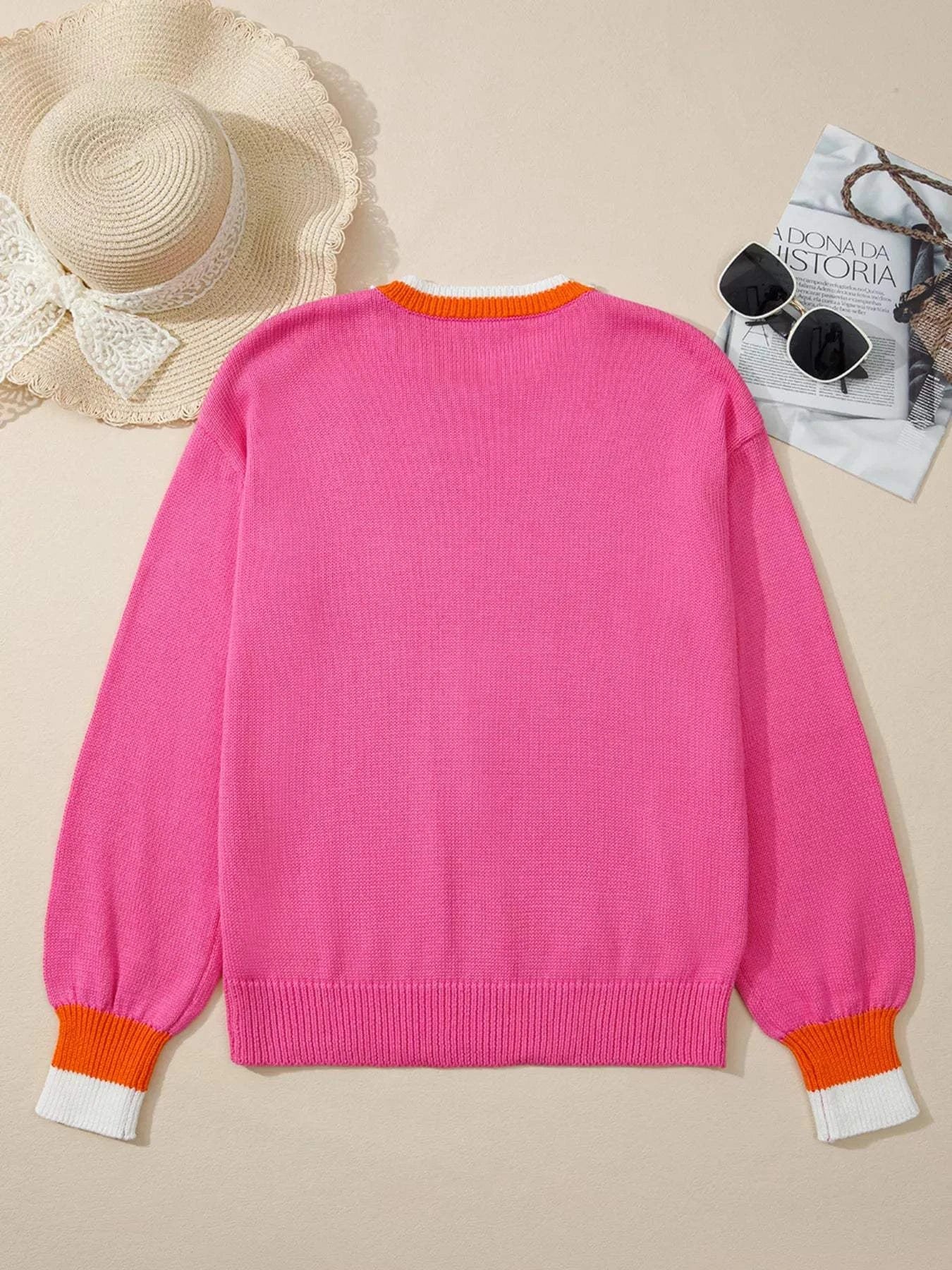 Contrast Crew Neck Pearled Decor Drop Shoulder Knit Sweater.