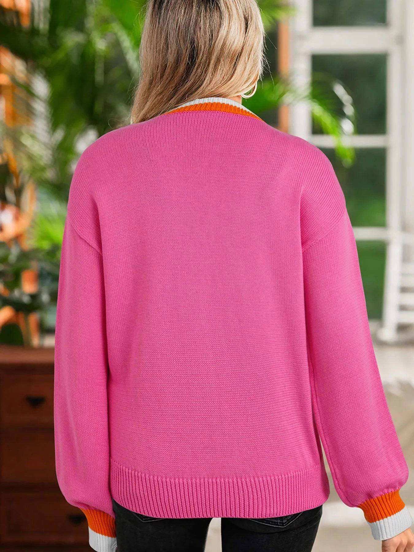 Contrast Crew Neck Pearled Decor Drop Shoulder Knit Sweater.