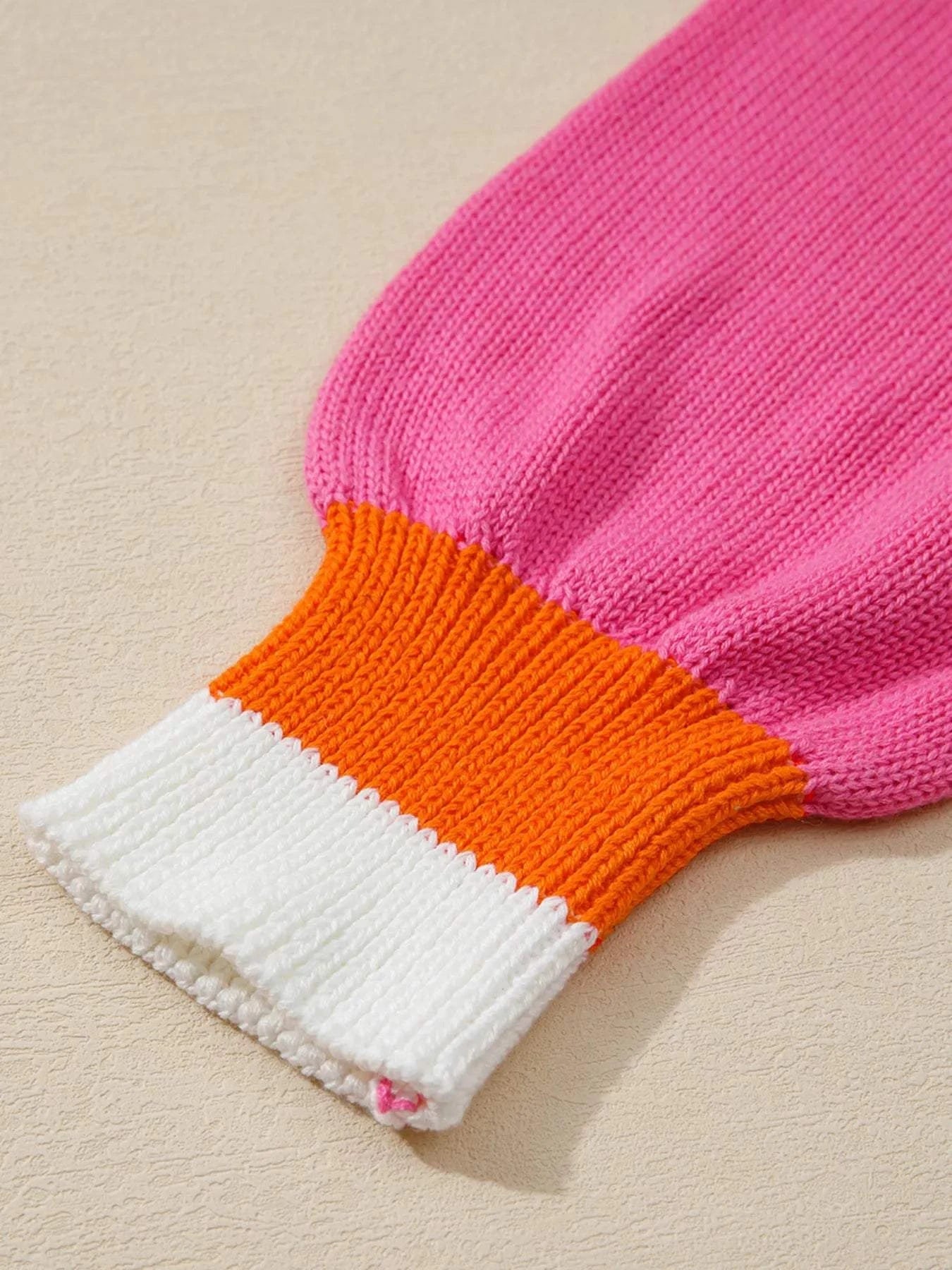 Contrast Crew Neck Pearled Decor Drop Shoulder Knit Sweater.