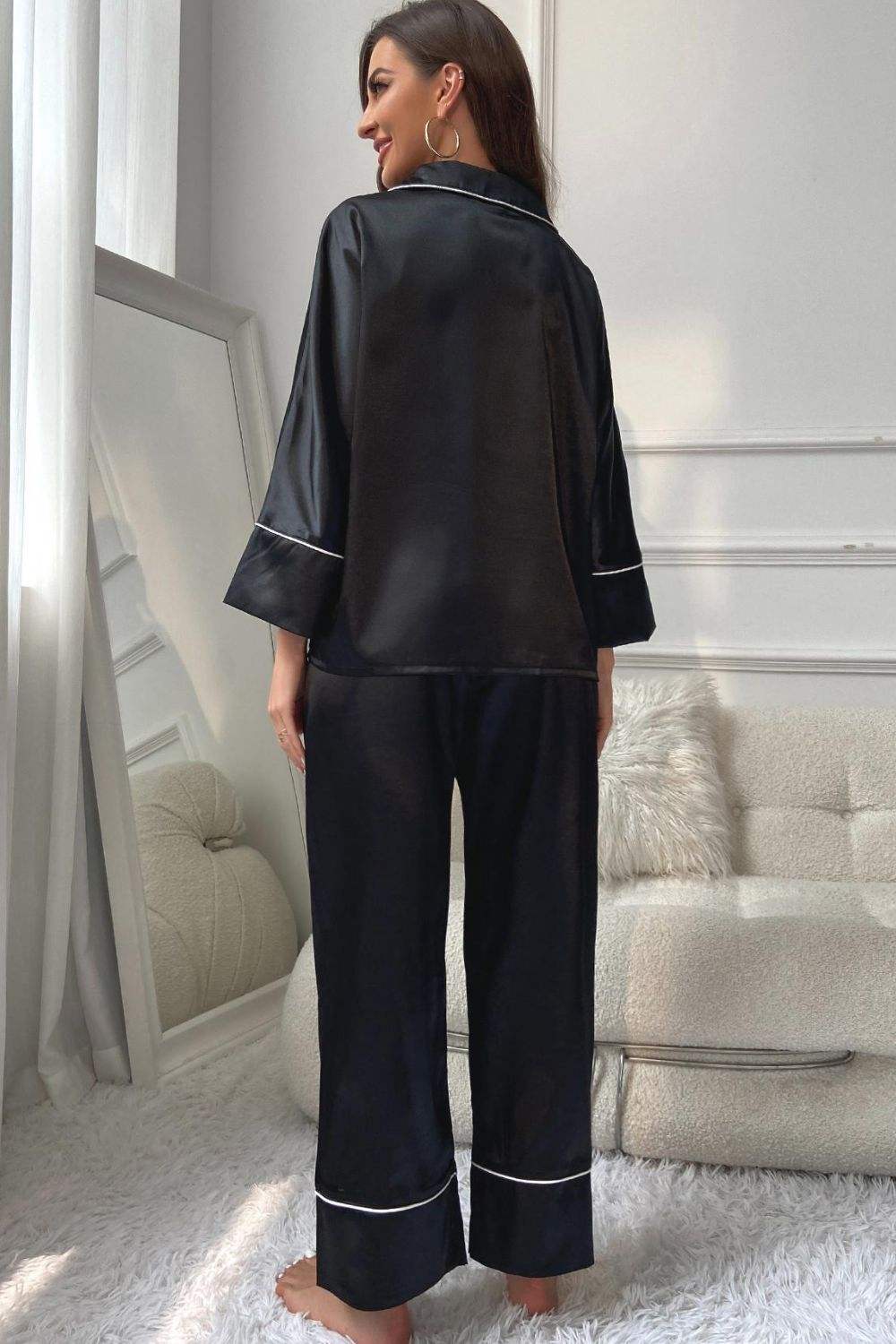 Contrast Piping Button-Up Top and Pants Pajama Set.