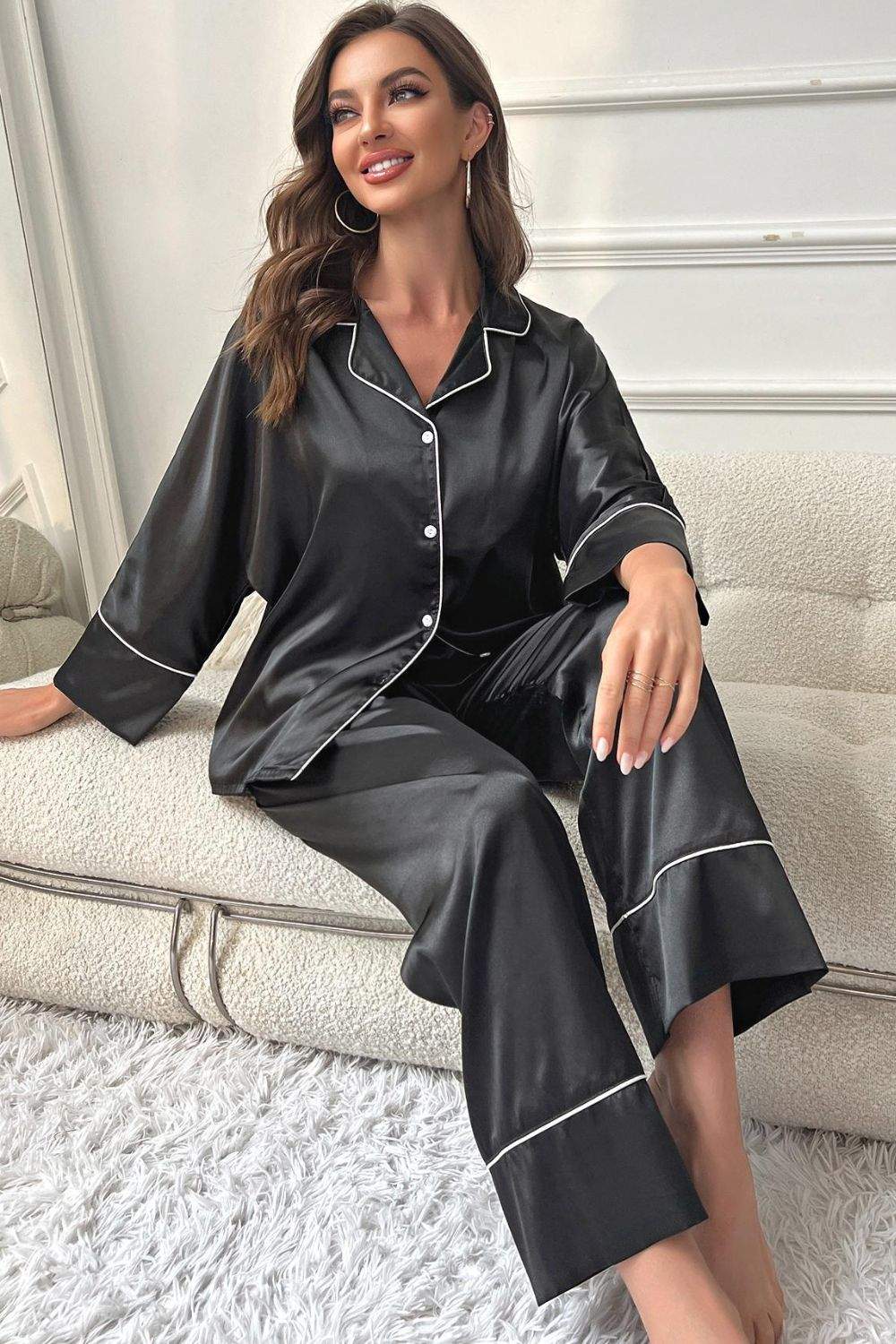 Contrast Piping Button-Up Top and Pants Pajama Set.