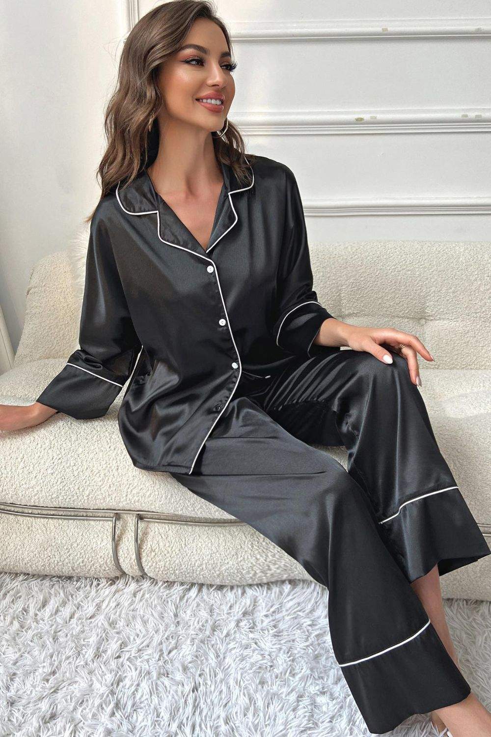 Contrast Piping Button-Up Top and Pants Pajama Set.