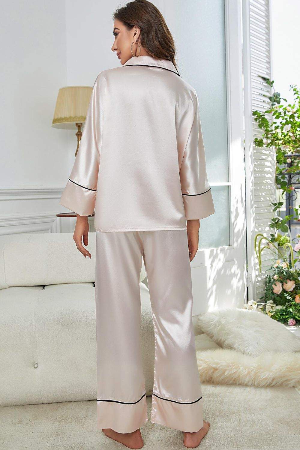 Contrast Piping Button-Up Top and Pants Pajama Set.