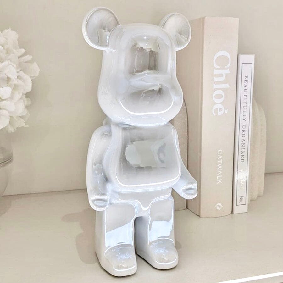 Cream Pearlescent Standing Bear Ornament.