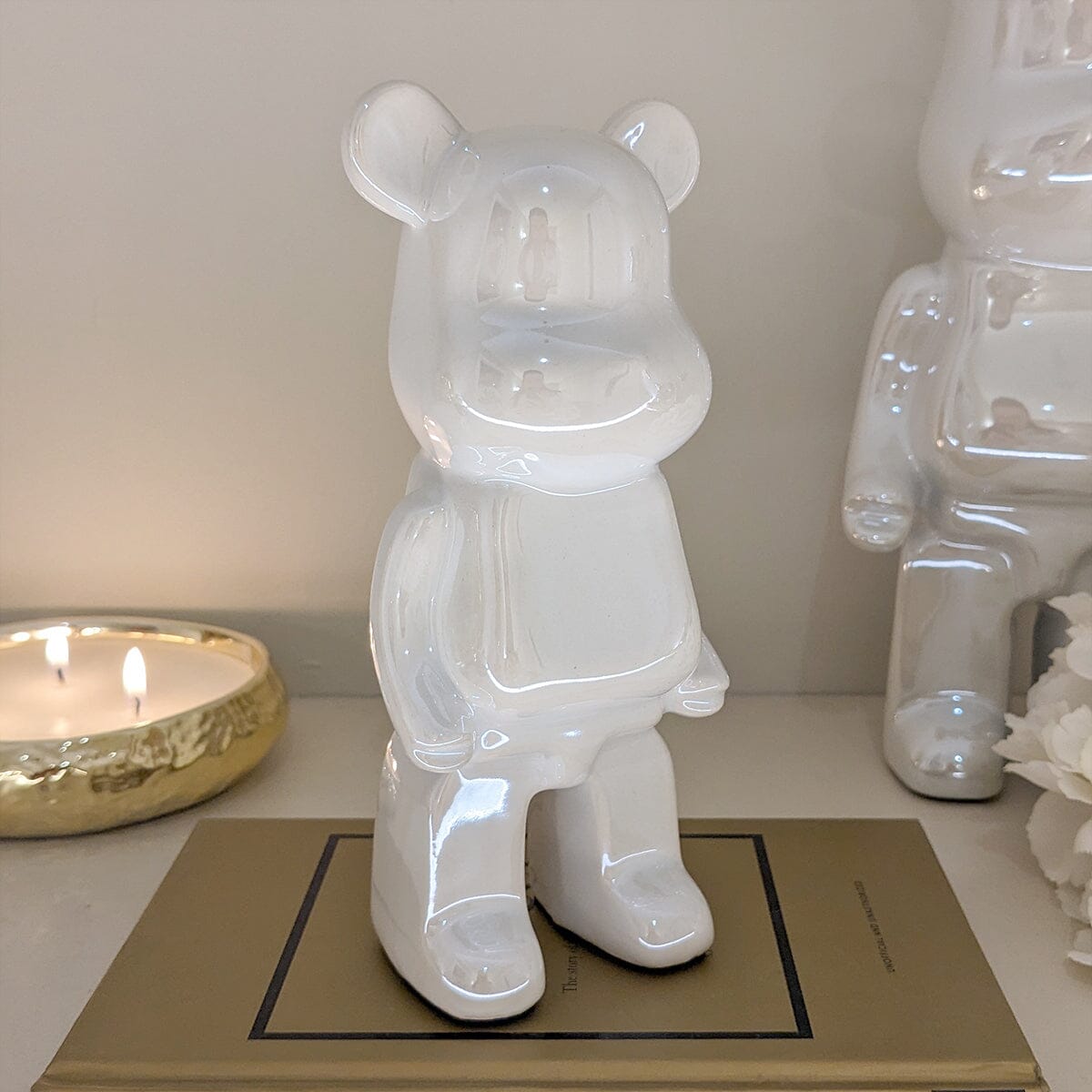 Cream Pearlescent Standing Bear Ornament - Set of 2.