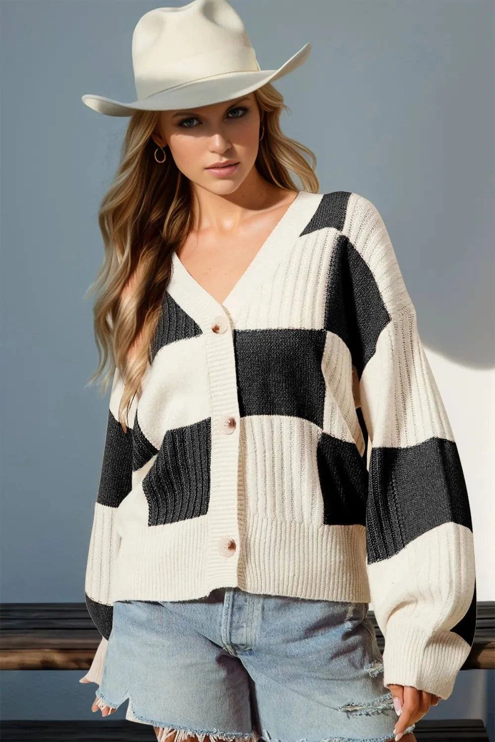 Double Take Full Size Checkered Dropped Shoulder Cardigan - Rosey's Creations