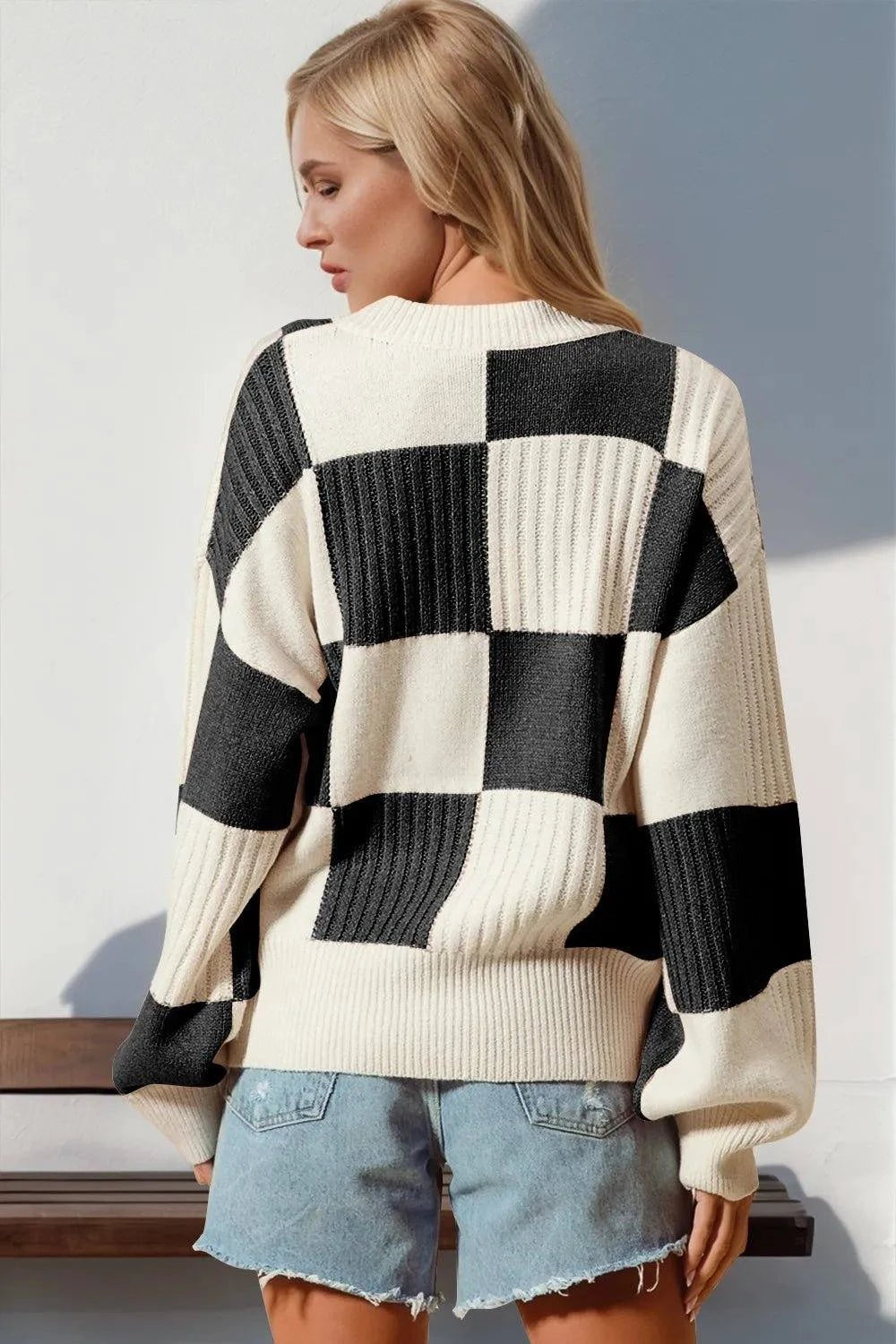 Double Take Full Size Checkered Dropped Shoulder Cardigan - Rosey's Creations