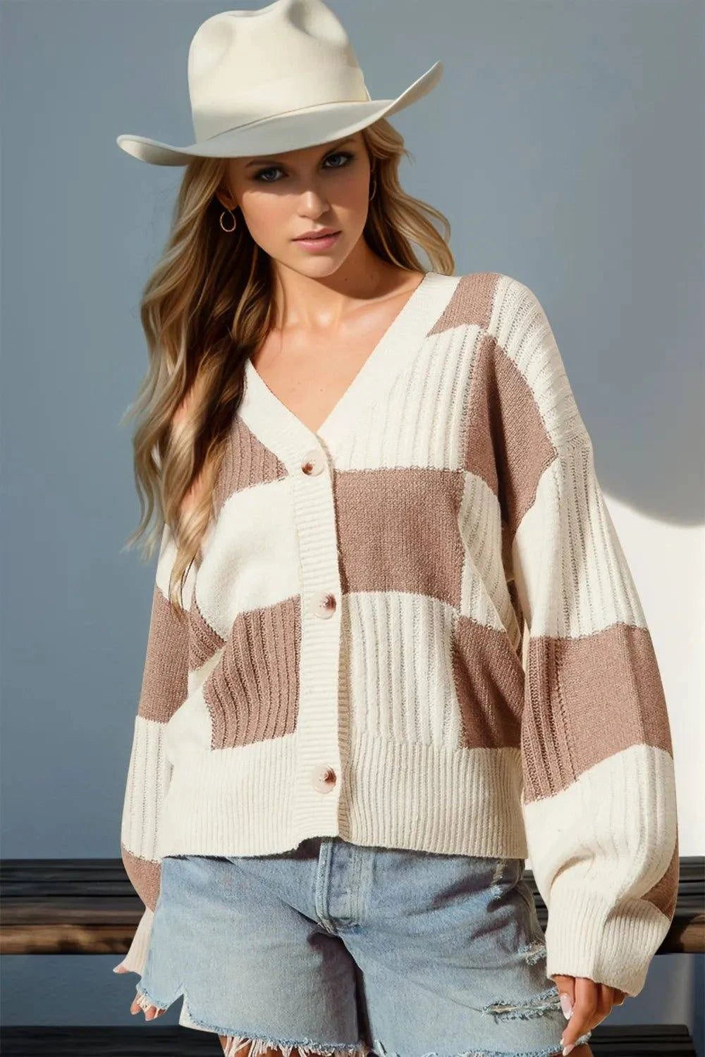 Double Take Full Size Checkered Dropped Shoulder Cardigan - Rosey's Creations