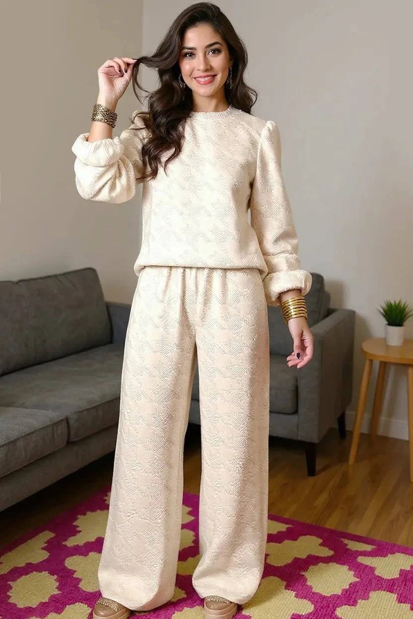 Double Take Texture Long Sleeve Top and Wide Leg Pants Set - Rosey's Creations