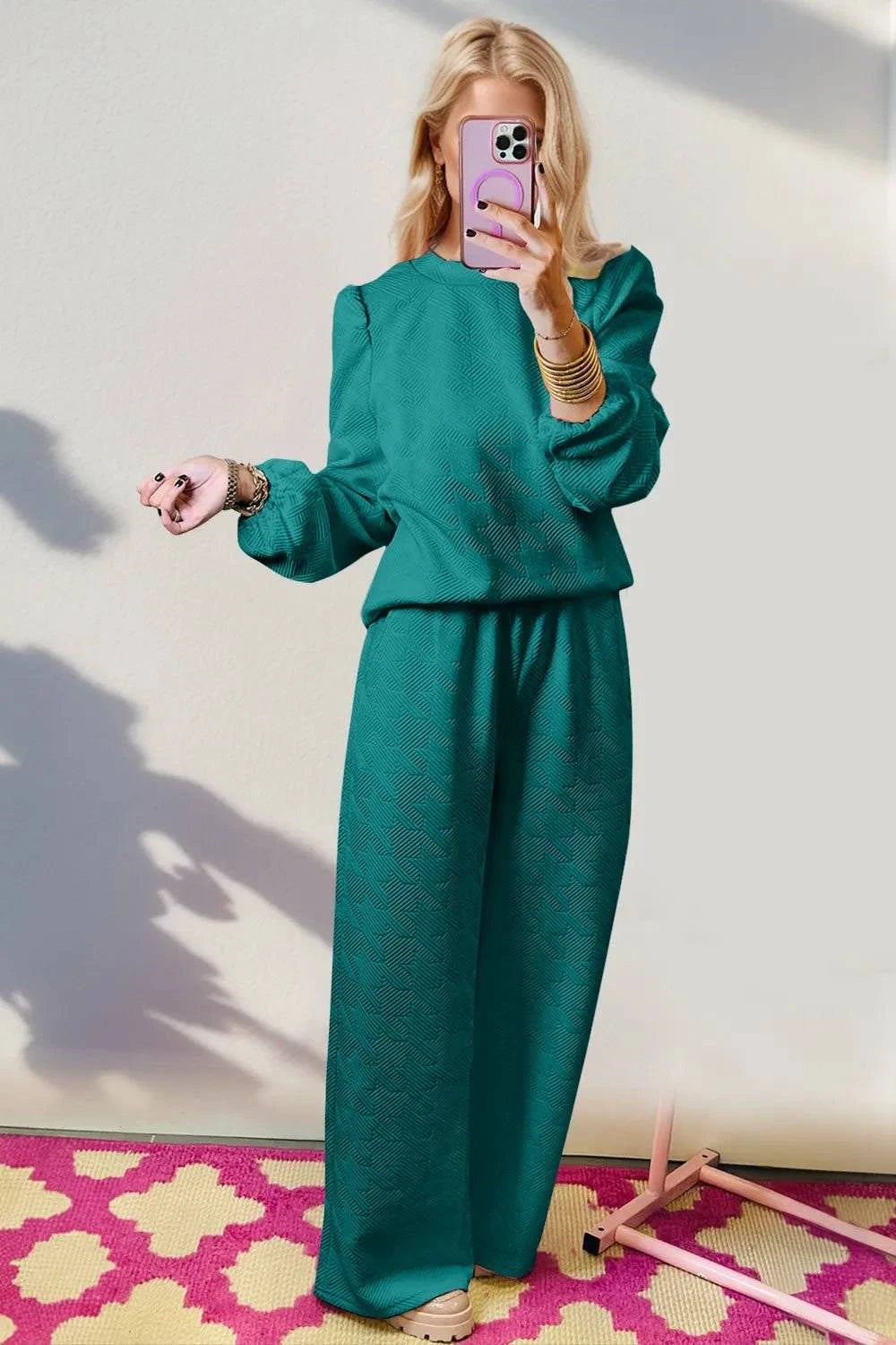 Double Take Texture Long Sleeve Top and Wide Leg Pants Set - Rosey's Creations