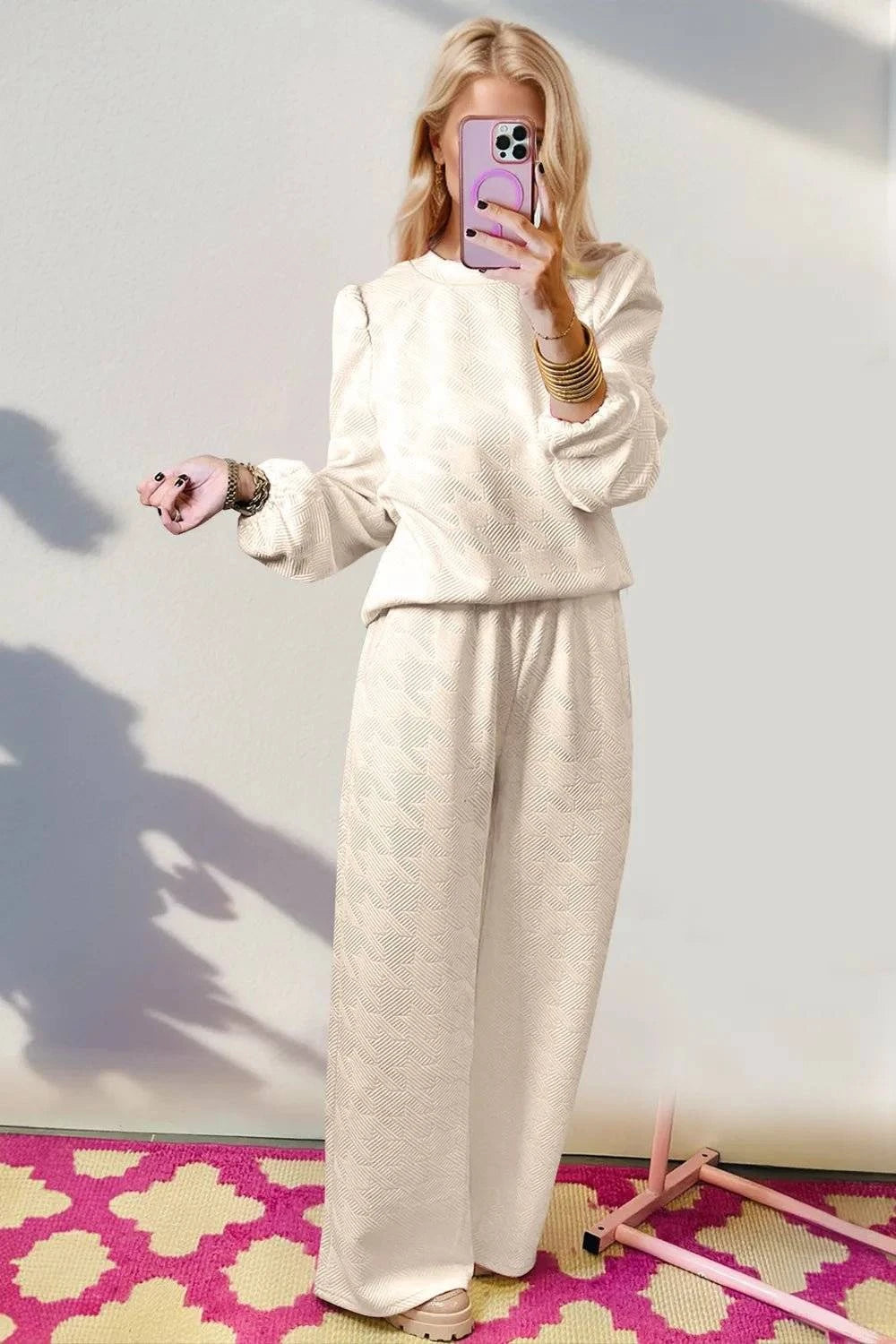 Double Take Texture Long Sleeve Top and Wide Leg Pants Set - Rosey's Creations