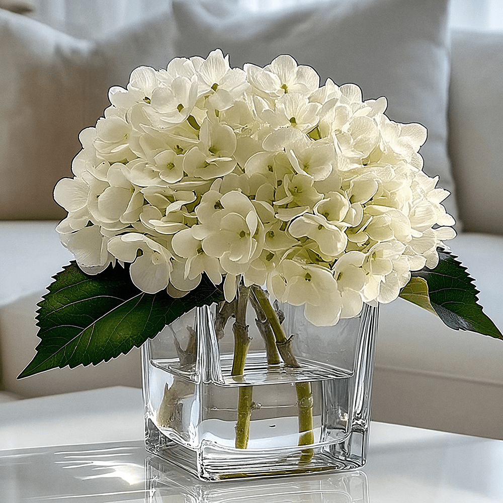 Faux Cream Hydrangeas Floral Arrangement in Square Glass Vase - Rosey's Creations