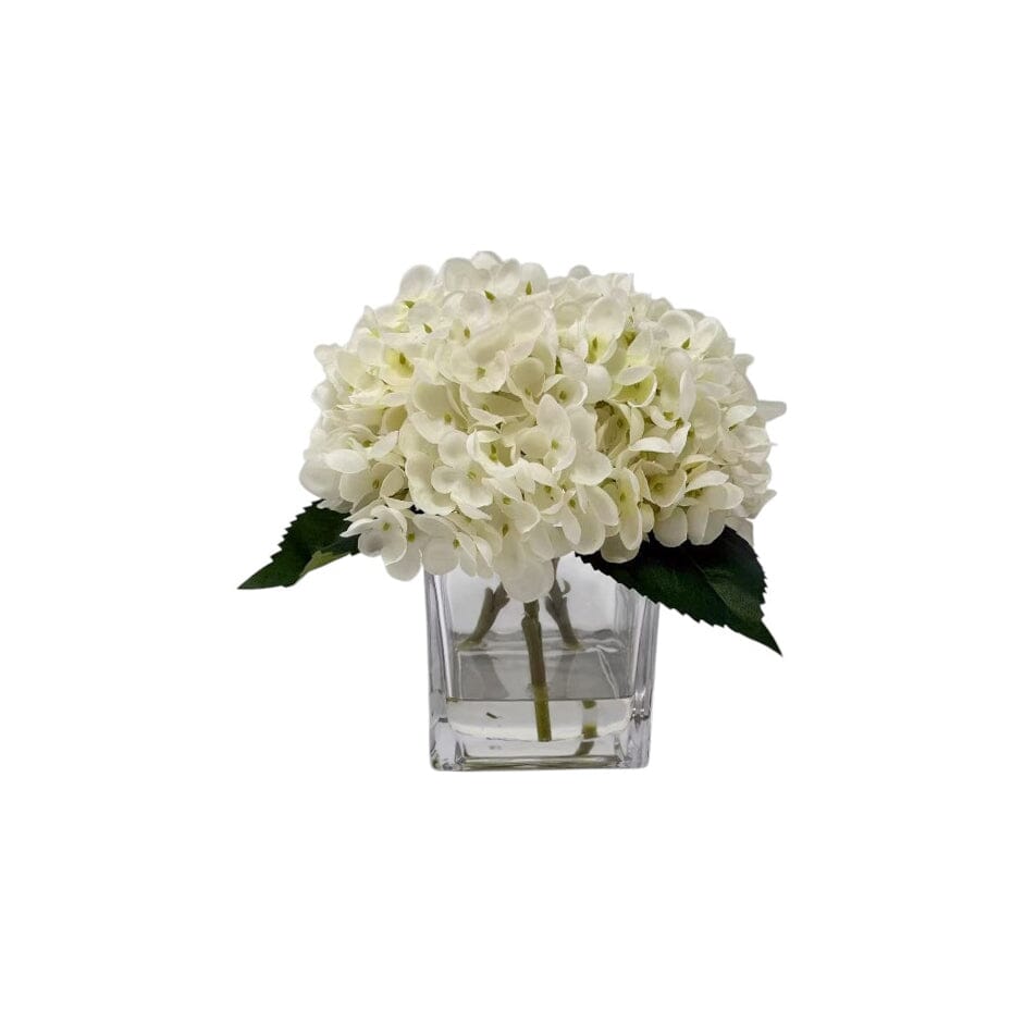Faux Cream Hydrangeas Floral Arrangement in Square Glass Vase - Rosey's Creations