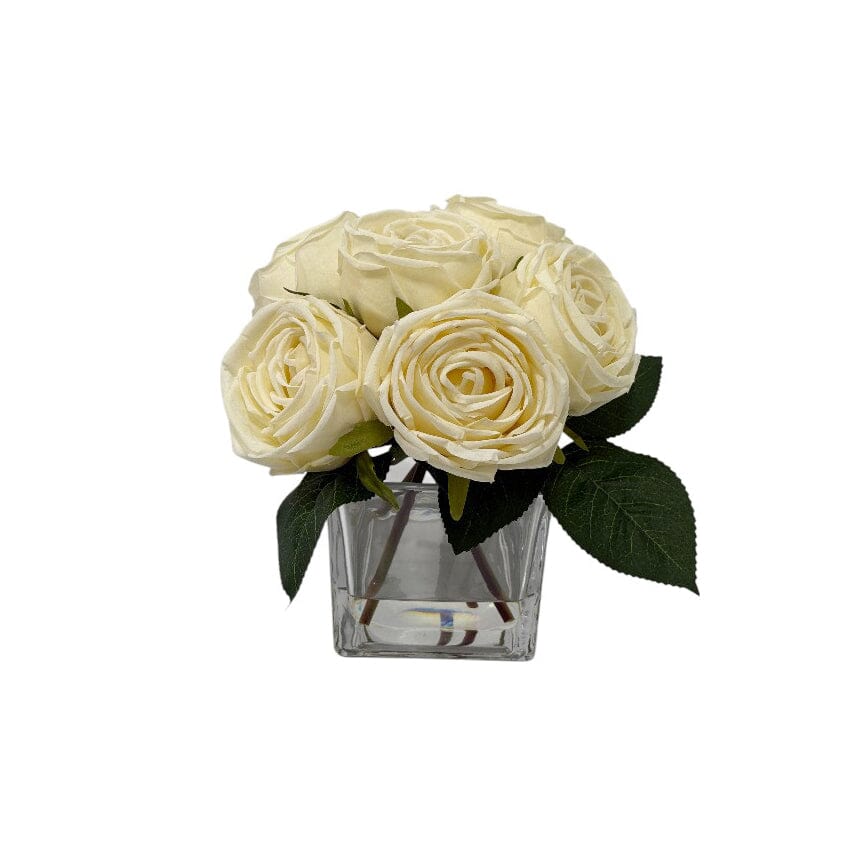 Faux Cream Rose Floral Arrangement in Square Glass Vase - Rosey's Creations