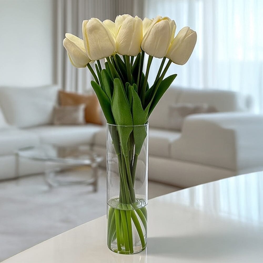 Faux Cream Tulip Floral Arrangement in Tall Glass Vase - Rosey's Creations