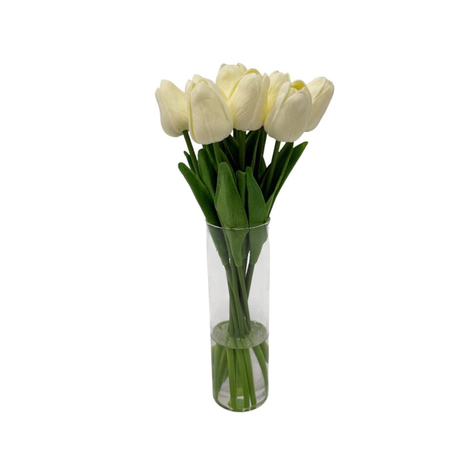 Faux Cream Tulip Floral Arrangement in Tall Glass Vase - Rosey's Creations