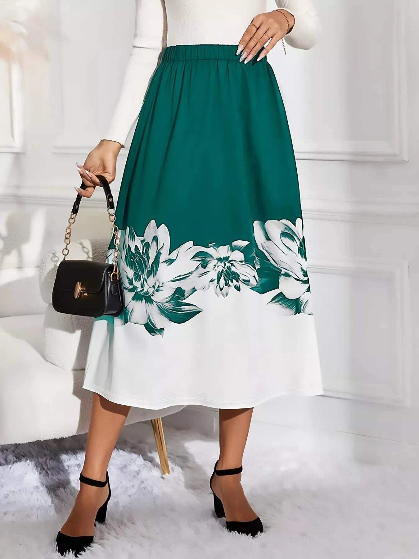 Floral Print A-Line Midi Skirt.