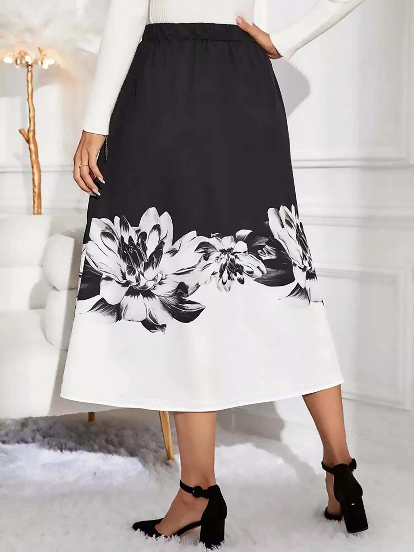 Floral Print A-Line Midi Skirt.