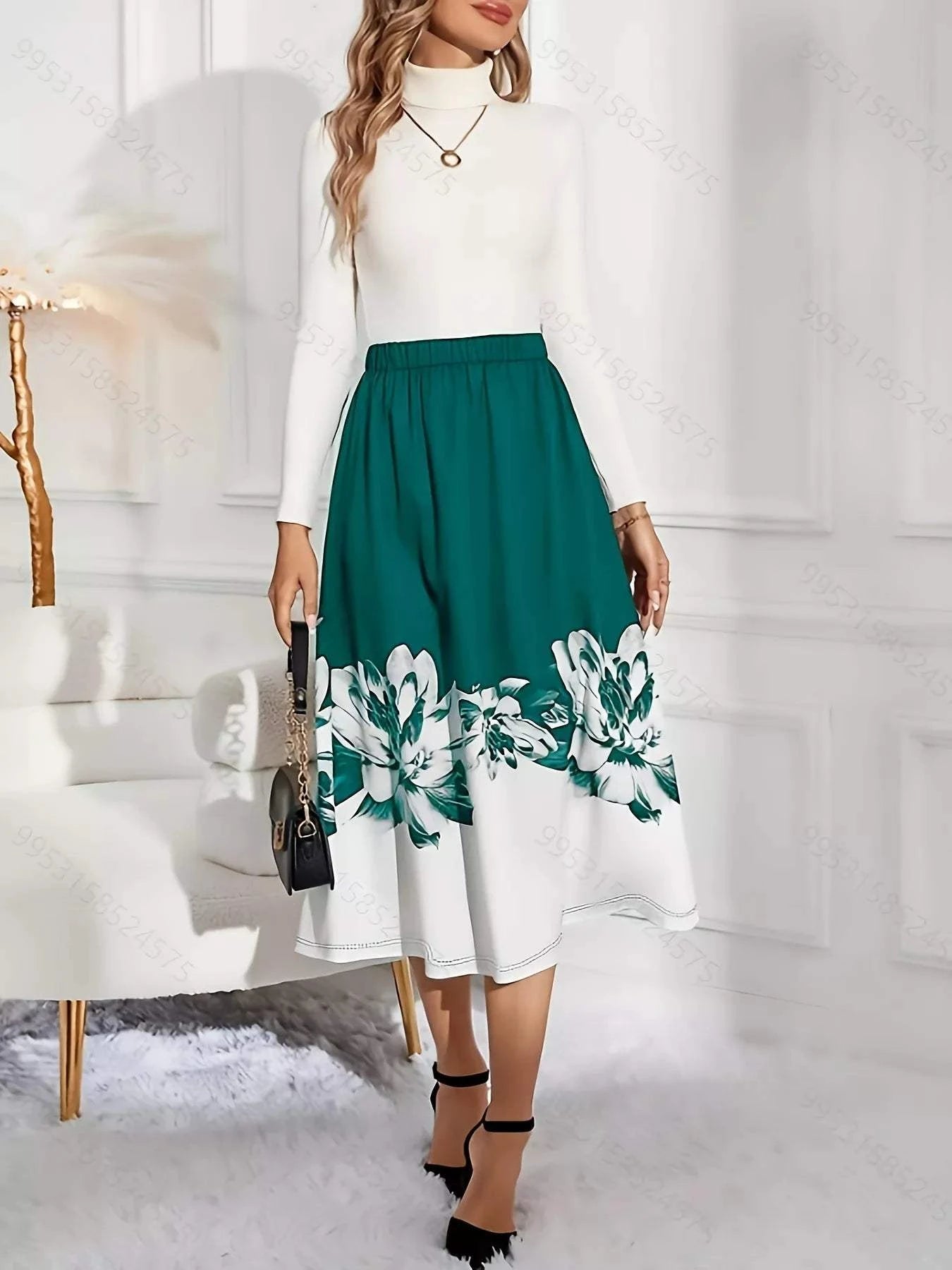 Floral Print A-Line Midi Skirt.