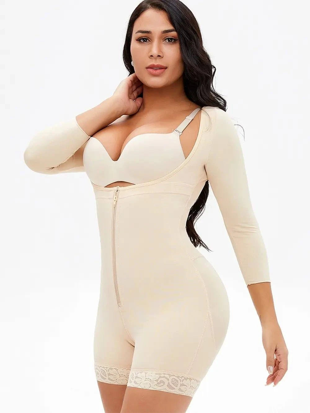 Full Size Zip Up Lace Detail Long Sleeve Shapewear - Rosey's Creations