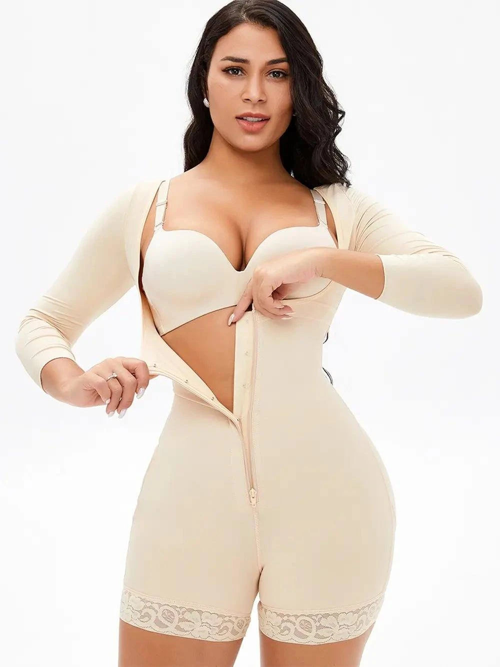 Full Size Zip Up Lace Detail Long Sleeve Shapewear - Rosey's Creations