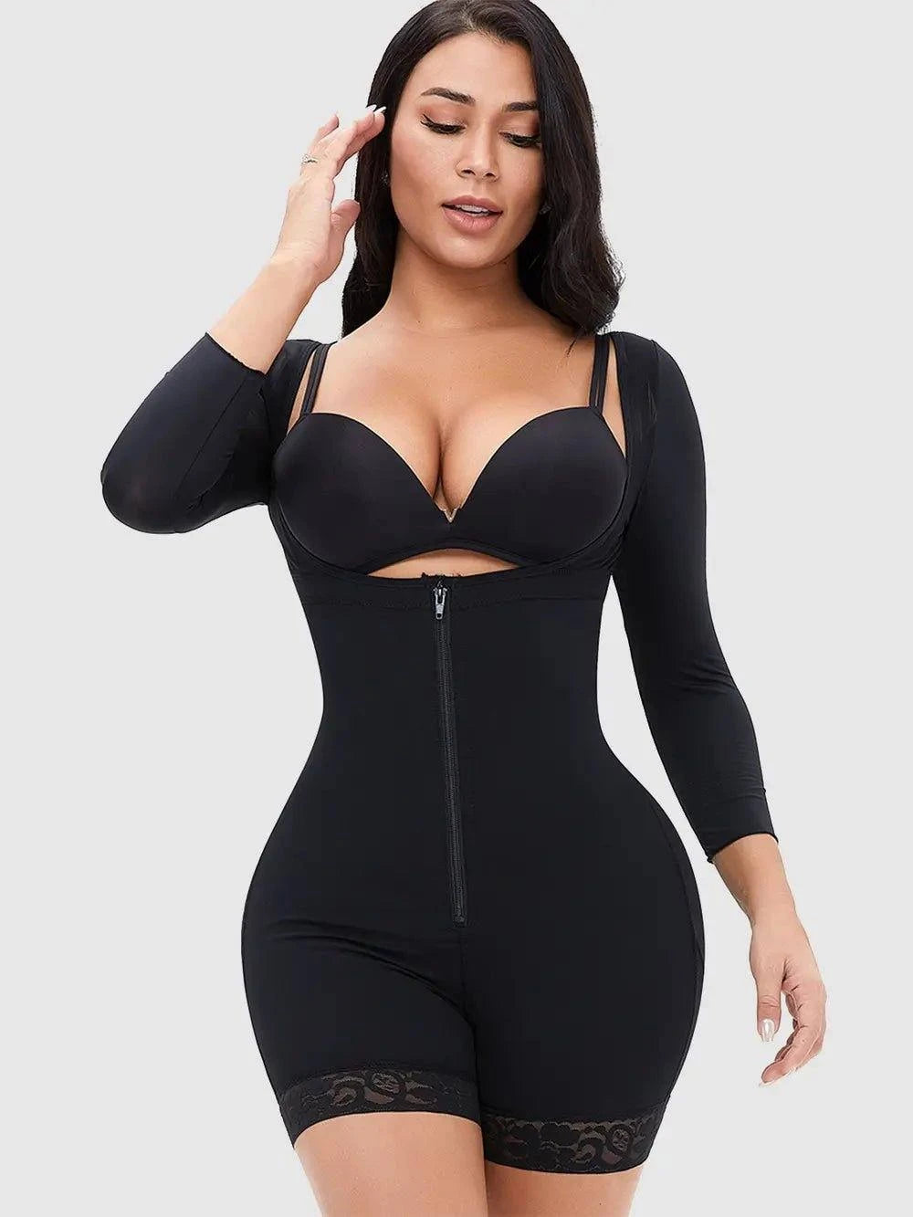 Full Size Zip Up Lace Detail Long Sleeve Shapewear - Rosey's Creations