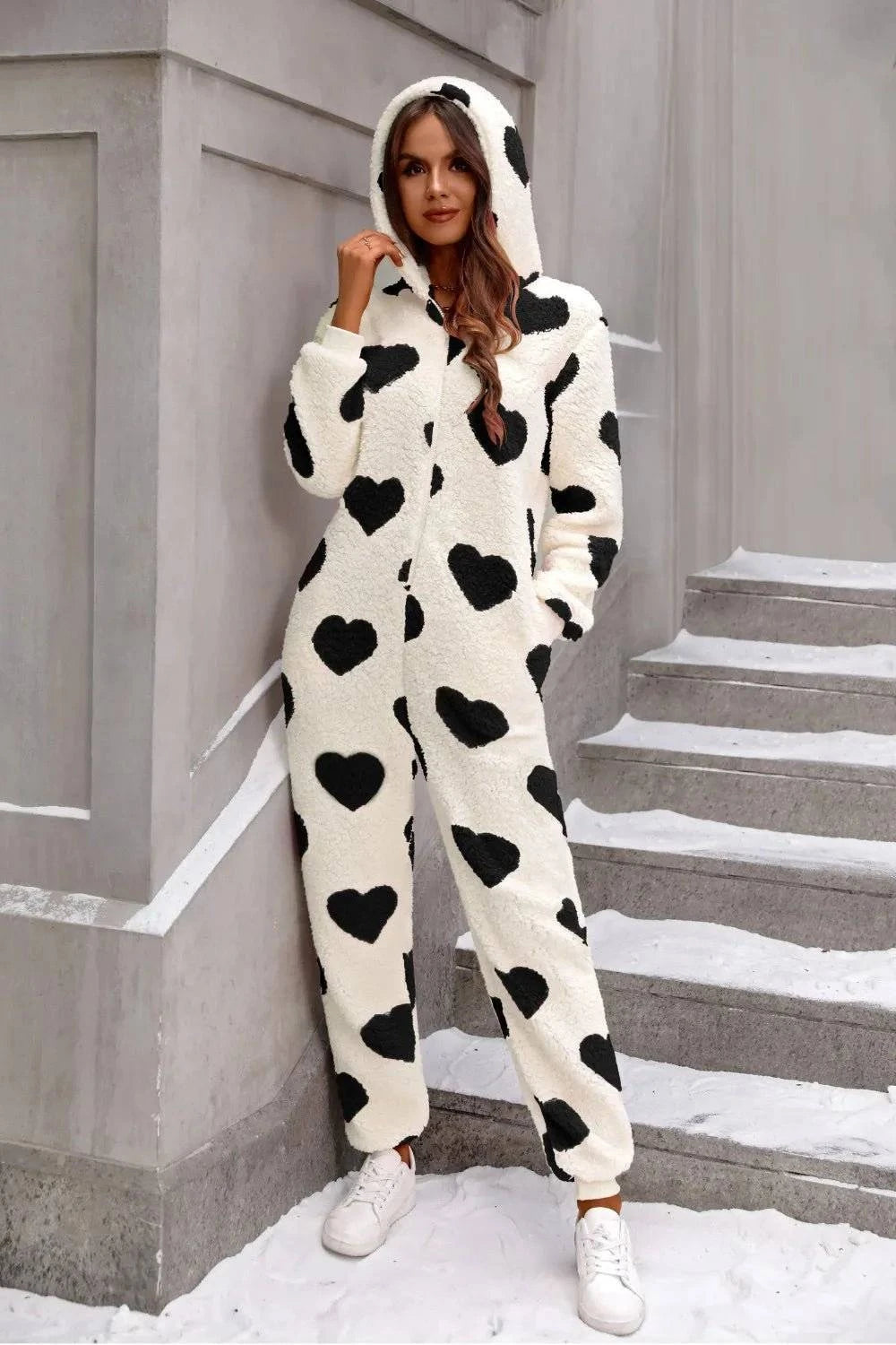 Fuzzy Heart Zip Up Hooded Lounge Jumpsuit - Rosey's Creations